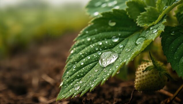 Water droplets on a green strawberry leaf in a farm setting, showcasing freshness