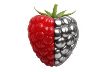 Half real, half metal raspberry illustrating a merge of nature and technology with a transparent background
