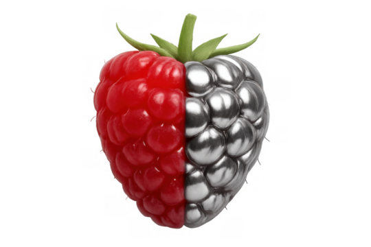 Half real, half metal raspberry illustrating a merge of nature and technology with a transparent background