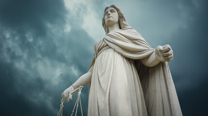 Fototapeta premium morality. A classical justice statue stands tall with balanced scales under a dramatic sky. event programs, museum guides, designed for cultural heritage projects and event programs. 