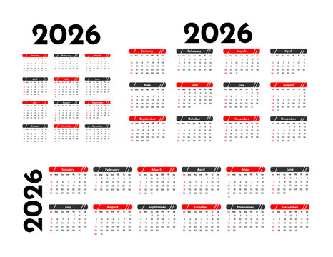 Calendar for 2026 isolated on a white background