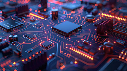 Obraz premium Close-up of AI microchip on digital motherboard with glowing circuits, concept of artificial intelligence and innovation technology