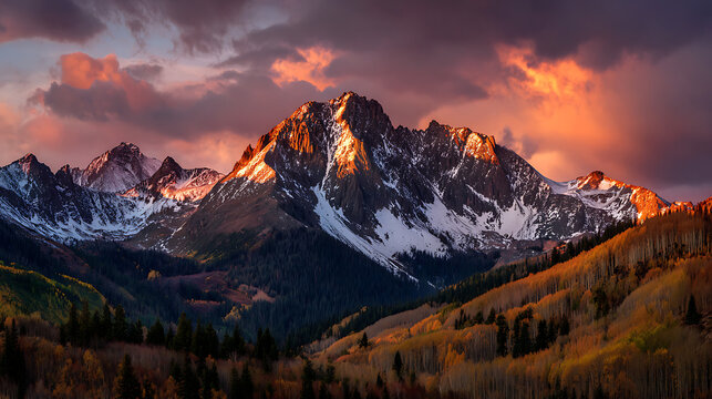 Majestic mountain peaks bathed in golden sunset light mountains snow - Powered by Adobe