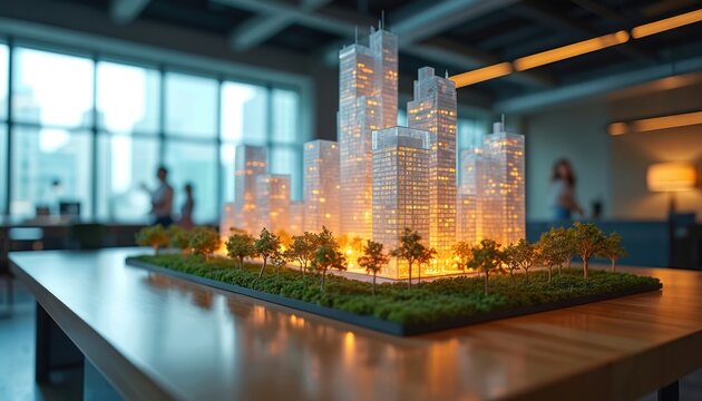 Miniature cityscape model with glowing windows and green trees. Architects plan future urban development and city design. People discuss building blueprints in office.