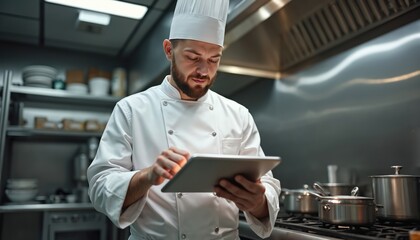 Chef in white uniform uses tablet computer for cooking recipe in pro kitchen. Man consults digital menu for meal preparation. He works with tech in food service.