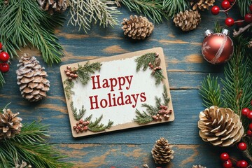 Christmas card with christmas tree and decorations