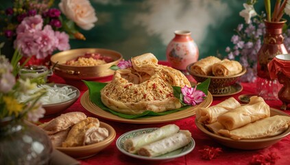 Naklejka premium Traditional Vietnamese Cuisine for Spring Festival, rich in flavor and cultural significance