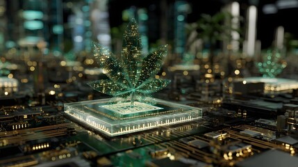 A digital 3D hologram of a cannabis leaf displayed in a futuristic city setting, symbolizing cannabis data and technology