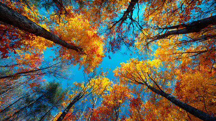 Looking up through autumn trees against a bright blue sky foliage leaves