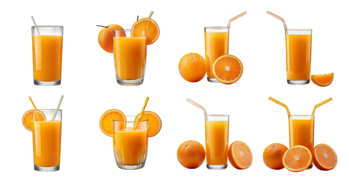 Fresh Orange Juice in Glasses with Slices and Straws on White Background, Bundle Set Collection, Isolated on Transparent Background