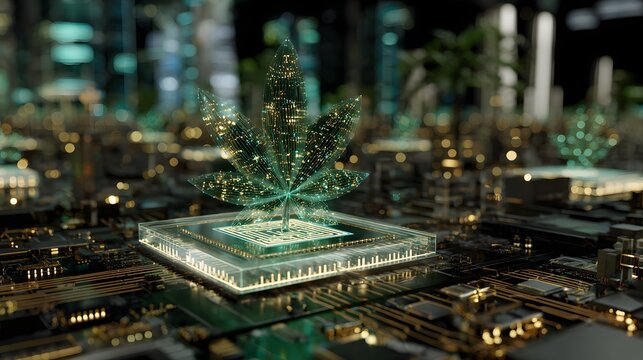 A digital 3D hologram of a cannabis leaf displayed in a futuristic city setting, symbolizing cannabis data and technology