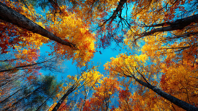 Looking up through autumn trees against a bright blue sky foliage leaves - Powered by Adobe