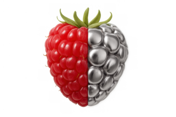 Raspberry displaying a striking natural and artificial contrast, creating a futuristic gmo concept with organic and metallic textures