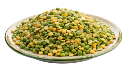 A close up view of a white bowl filled with a generous mound of dried split peas isolated on transparent background