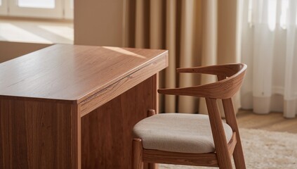 Wooden Desk and Chair Set in Bedroom, promoting focus and productivity