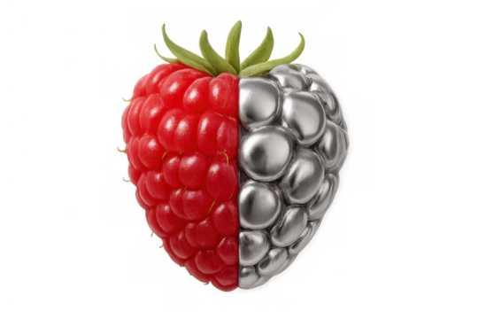 Raspberry displaying a striking natural and artificial contrast, creating a futuristic gmo concept with organic and metallic textures