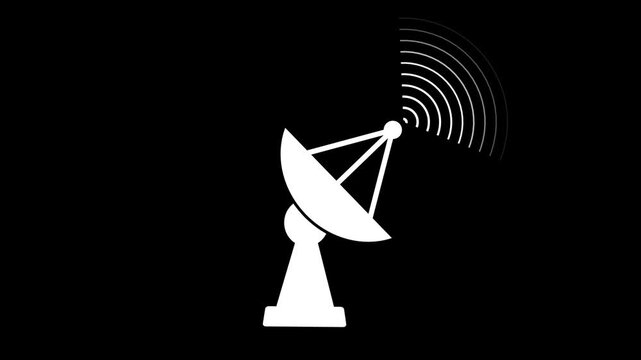 White satellite dish icon animation on black background with signal waves