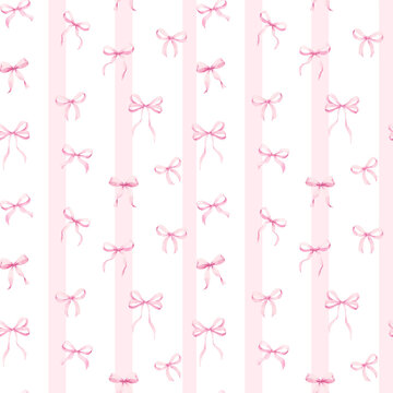 Watercolor seamless pattern with pink bows and stripes on white background. Cute girly design perfect for packaging, fabric, wallpaper, baby decor and gift wrapping.