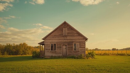 Fototapeta premium Old wooden house surrounded by summer greenery, reflecting seasonal change