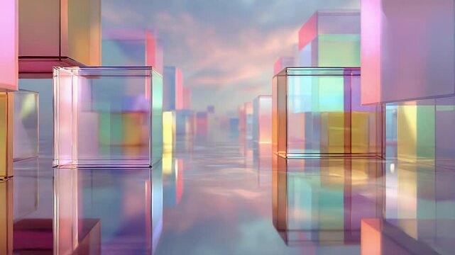 Abstract glass cubes reflecting pastel iridescent sky