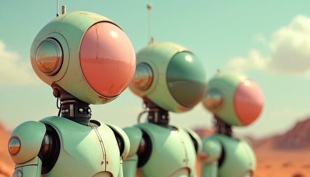 Three retro robots stand in desert landscape under clear sky. Futuristic androids pastel green bodies, round pink visors. Sci fi robots antenna on head, metallic joints. Mechanical beings in arid