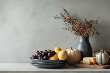 still life with pumpkins and autumn leaves