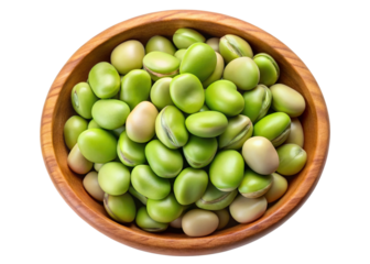 A wooden bowl filled with fresh green fava beans isolated on transparent background