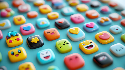 A vibrant array of colorful square emoji icons arranged on a blue surface, creating a playful and engaging pattern