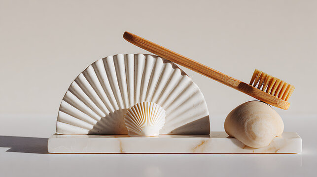 Minimalist still life with bamboo toothbrush and decorative objects natural materials