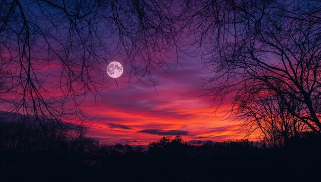 Vibrant sunset sky featuring a full moon, hues of purple and orange, and silhouetted tree branches, seasonal change - Powered by Adobe