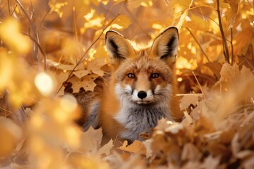 Fototapeta premium Curious Red Fox Peeking Through Autumn Leaves