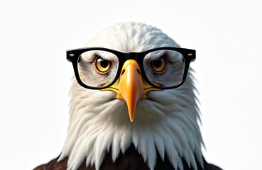 Fototapeta premium Bald eagle wears glasses on white background. Bird of prey with serious look. Funny portrait of majestic animal with eyeglasses. Concept of knowledge intelligence and wisdom.
