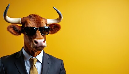 Anthropomorphic cow wears suit sunglasses. Bovine animal poses like businessman for marketing ads. Farm creature stands like boss, confident personality for branding.
