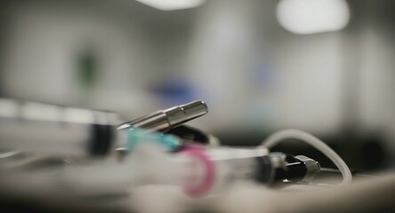 Close-up medical syringes and tubing in a sterile clinical setting.