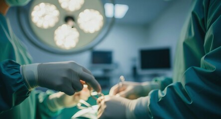 Surgical team performing operation in modern operating room under bright surgical lights.