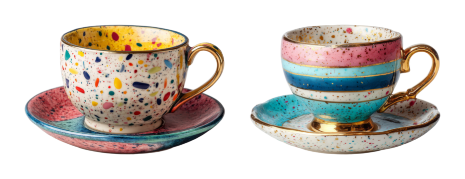 Whimsical patterned teacup and saucer, bright eclectic design with gold accents, perfect for beverage advertising and festive occasions PNG set with transparent background