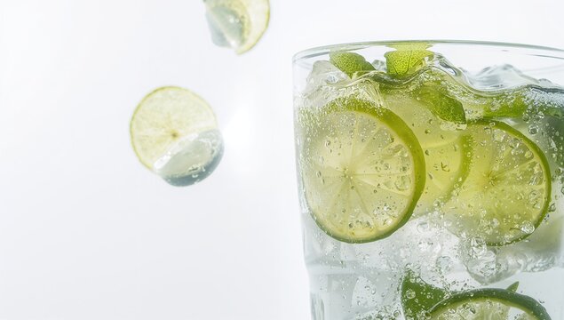 Soda water garnished with lime slices on a white backdrop, refreshing beverage choice