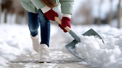 Child shoveling snow on winter morning with red gloves and snowy path for cold weather activity