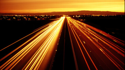 motorway. Sunset motorway with dynamic light streaks and a warm atmospheric dusk glow. inspiring travel planning, mobility guides, designed for mobility and urban transit guides.
