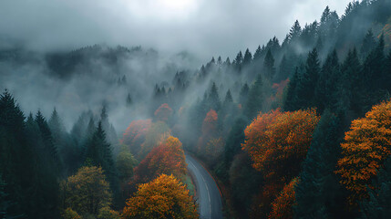 Misty forest road winding through autumn trees aerial