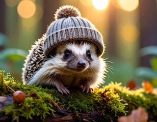 Cute Hedgehog with Wool Hat Sitting on Mossy Log in Autumn Forest