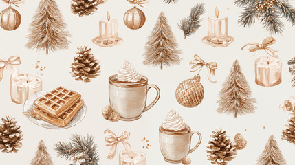 Seamless Christmas pattern with candles, pinecones and hot cocoa