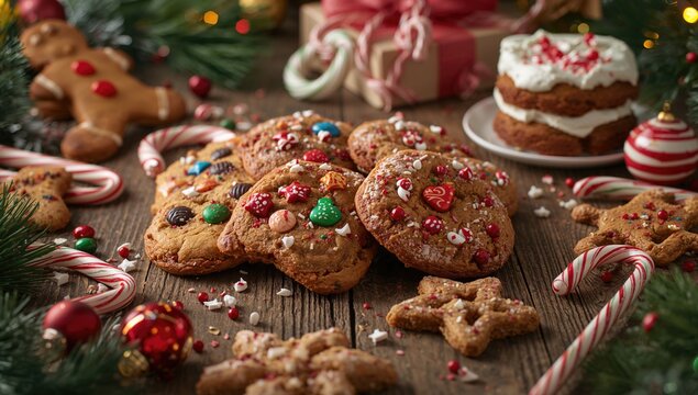 Christmas greetings and New Year's wishes featuring baked cookies on a wooden surface, festive culinary tradition