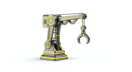 A robotic arm with a claw on a white background featuring yellow accents and metallic textures