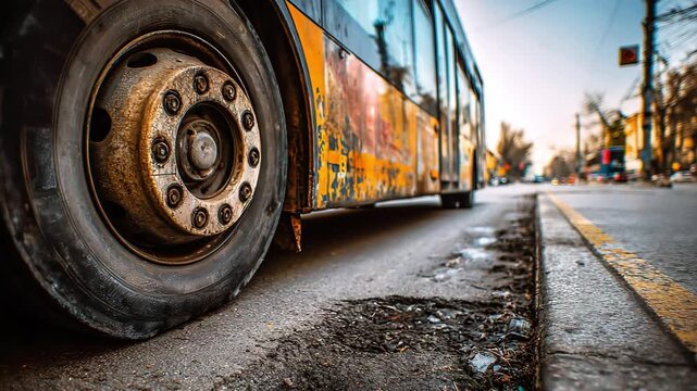 A close-up of an old school bus wheel. Rust on the wheel, corrosion, asphalt