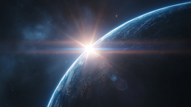 Earth with sun rising over the horizon in space with dark background