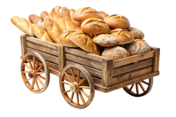 Rustic wooden cart, overflowing with a variety of freshly baked bread loaves and round buns, cutout, PNG, isolated on white or transparent background, AI