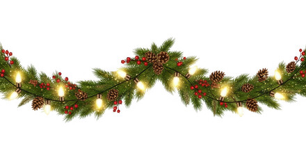Festive christmas garland with glowing lights and pine cones isolated on transparent background