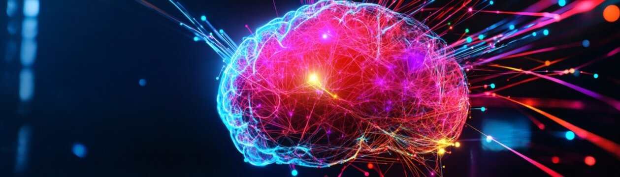A bright, stylized depiction of a human brain with energy streaks