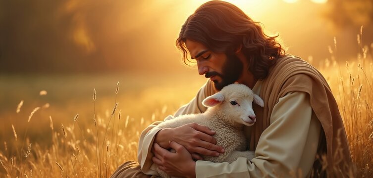 Jesus holds a young lamb in a warm wheat field at sunset. He embraces the fluffy animal with tenderness and love, showing divine care and protection for all creatures great and small.